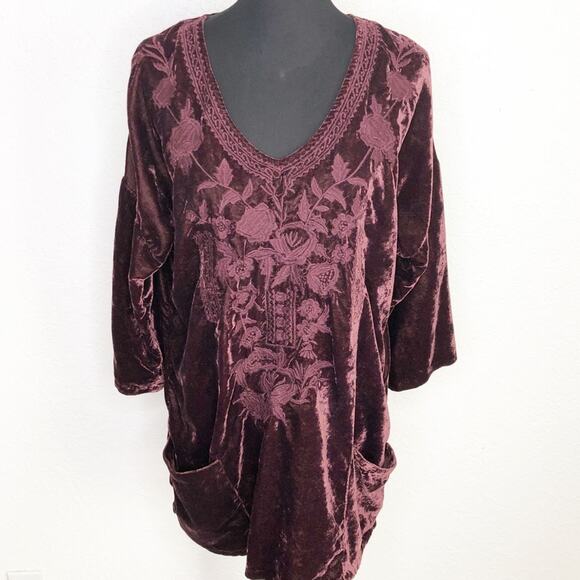Soft Surrounding maroon wine velvet velour embroidered tunic top size Large - Picture 1 of 13
